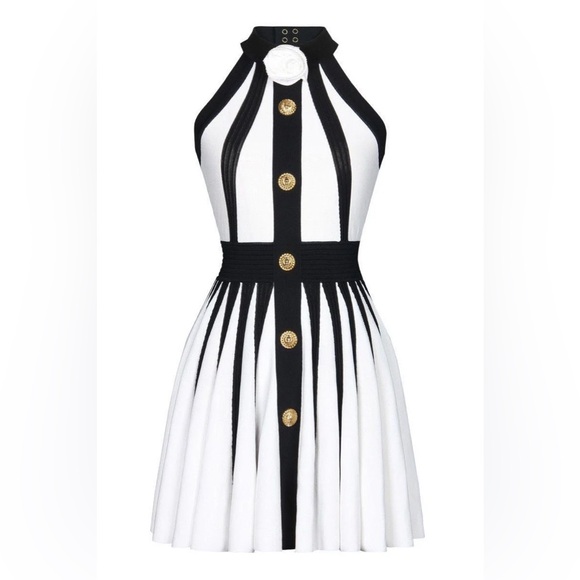 654. Halter Knit Gold Button Detail Flare Mini Dress - Picture 4 of 5